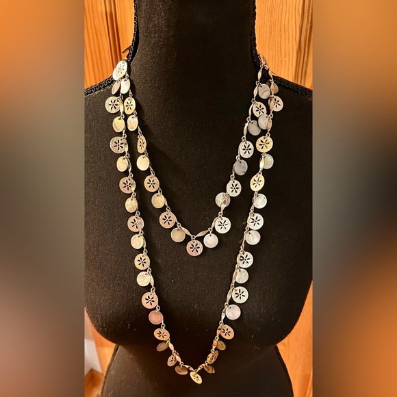 Estate Jewelry - Elegant Silver Toned Sand Dollar and Abalone Like Shining Coin 52” Necklace Gift